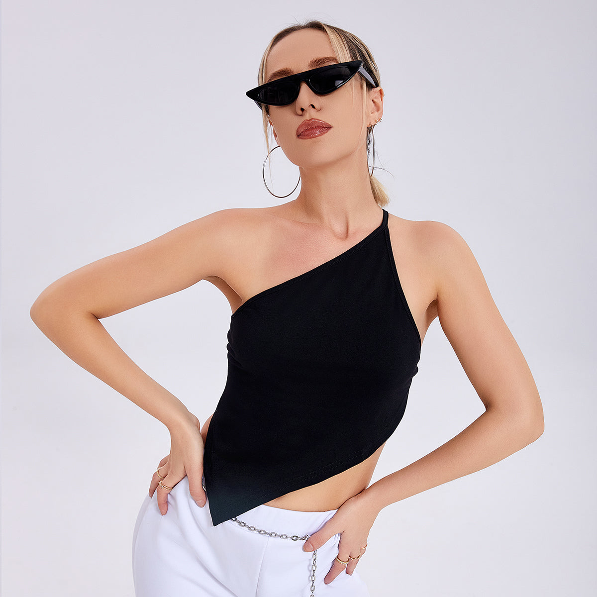 Slanted Shoulder Sleeveless Simple One-shoulder Top