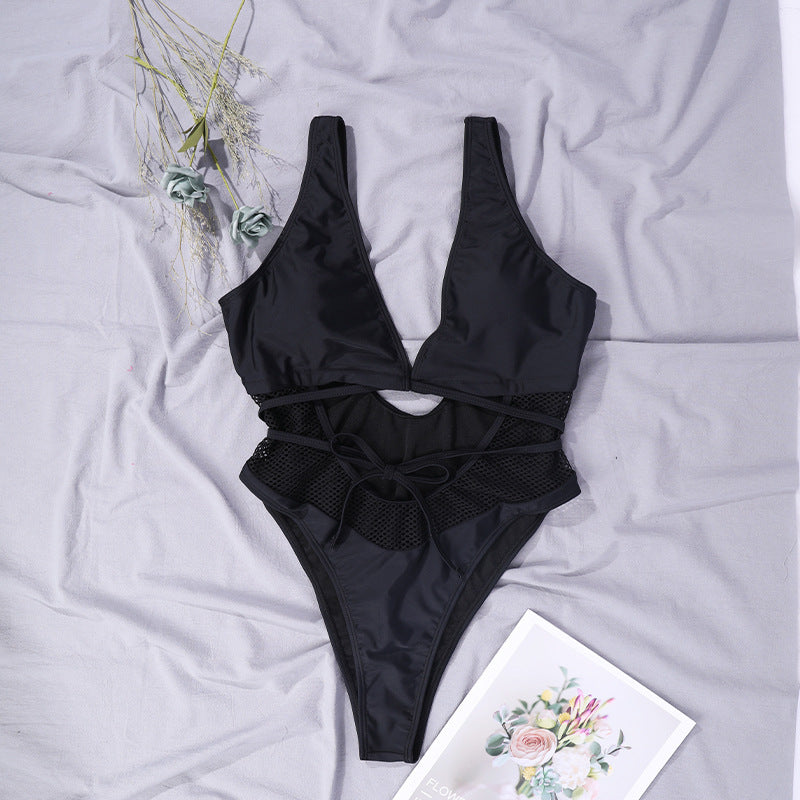 Swimsuit Black Mesh Hollow Lace One-piece Swimsuit