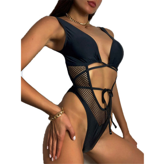 Swimsuit Black Mesh Hollow Lace One-piece Swimsuit