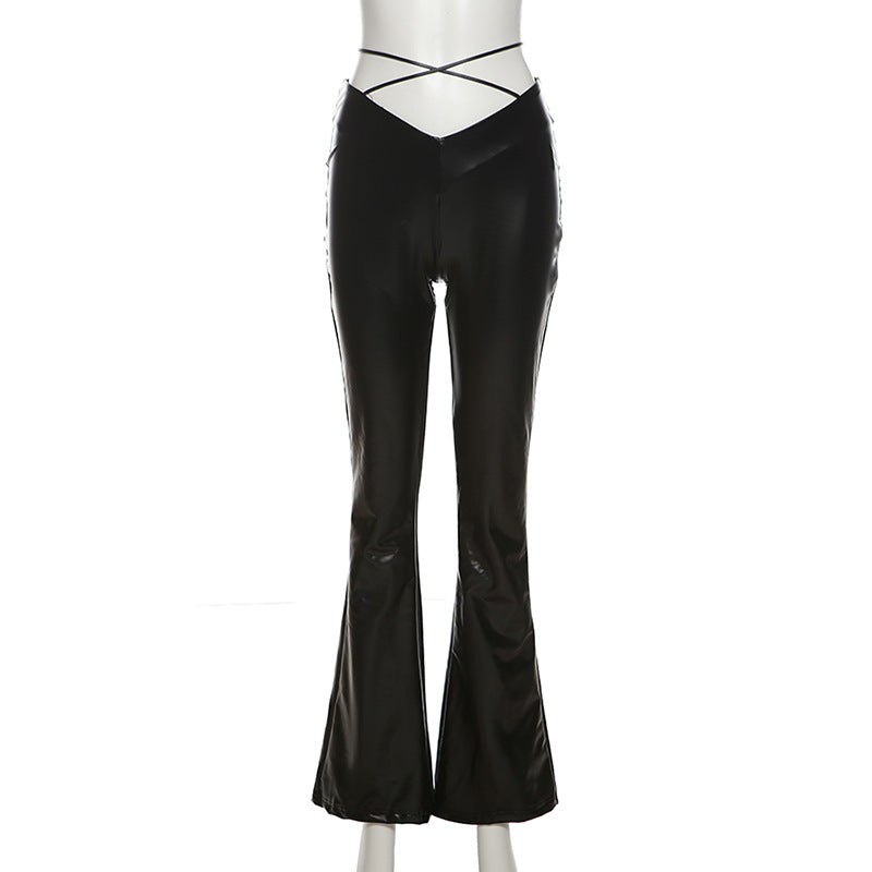 Slim PU Leather Casual Pants With High Waist Straight Leg And Wide Leg Strap