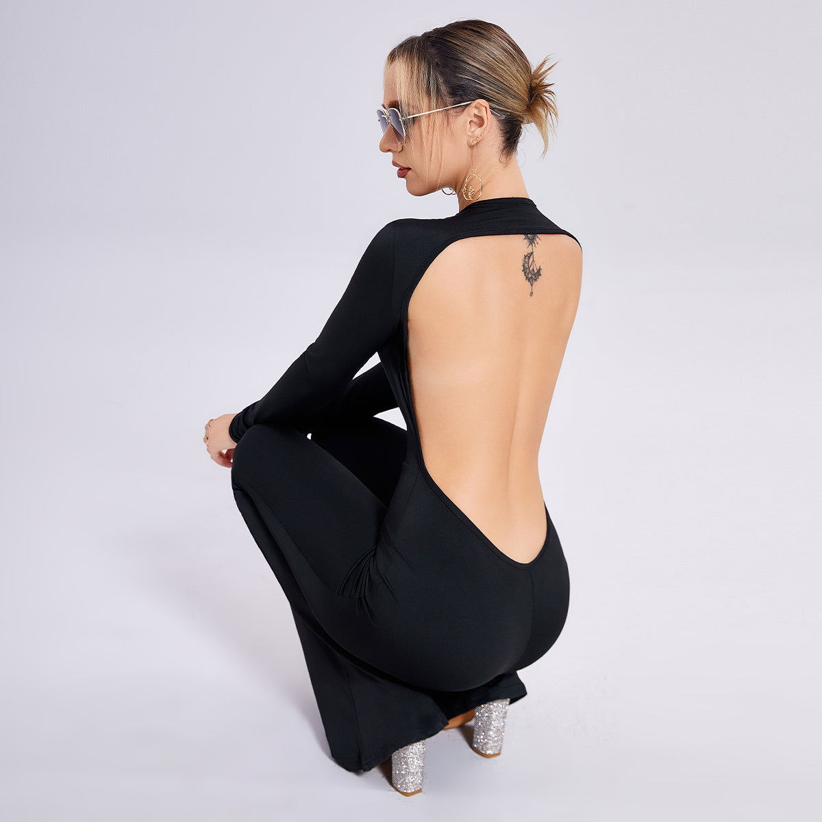 Long-sleeved Open-back Slim-fit Straight-leg Jumpsuit