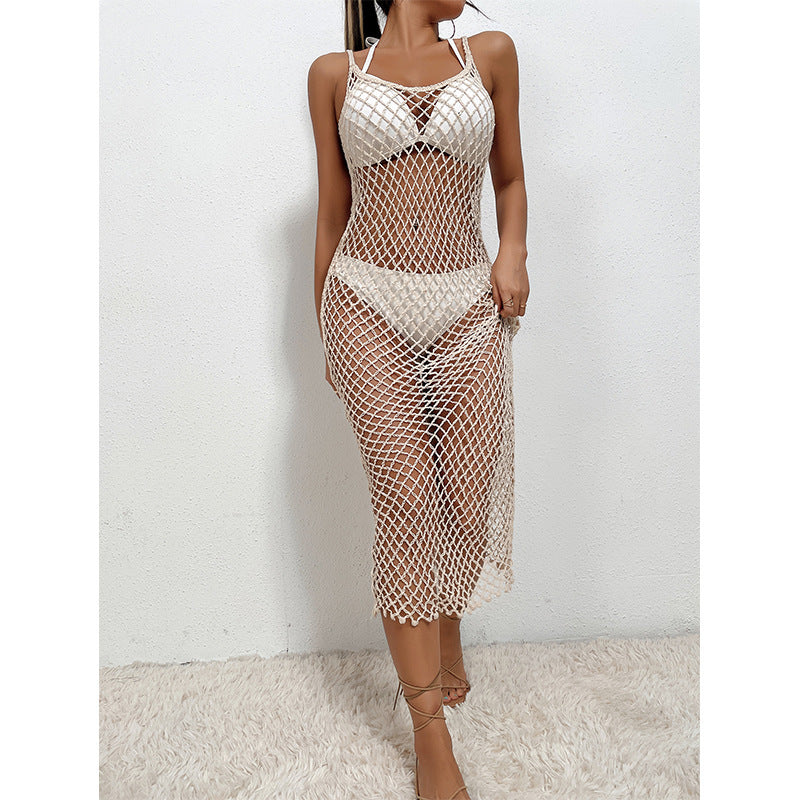 See-through Swimsuit Hollow Mesh Holiday Beach Skirt Bikini Cover-up Suspender Skirt