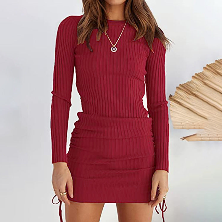 Women's Fall And Winter Fashion Casual Pleated Decorative Drawstring Knit Mid-waist Long-sleeved Dresses