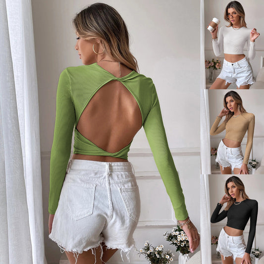 Sexy Backless Casual Short Slim Knit Long Sleeve T-shirt Top As A Base To Wear